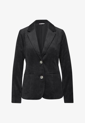 Zwarte corduroy blazer met een opstaande revers, twee voorzakken en zilveren knopen. Gelaagde afwerking, getailleerde pasvorm, sluiting met één knoop.
