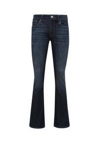 Jeans a zampa d'elefante in denim scuro con vita media, design a cinque tasche e dettagli di lavaggio sottili. Accenti in metallo argentato sulle tasche.