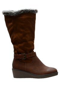 Bruine wiggen enkellaarzen met een faux fur-voering aan de bovenrand, een gladde oppervlakte, decoratieve gespsluiting en contrasterende stiksels langs de zool.