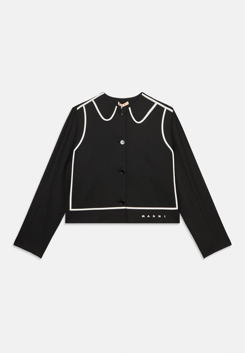 Mustmust jakk musta koos valge äärisega, kahekordse kraega, nööbiga kinnitamine ja logo detail allääres. Pikkade varrukatega, viimistletud sobivus.