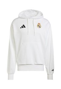 White hoodie featuring a front pocket, adjustable drawstring hood, and black Adidas branding on the chest and sleeve.