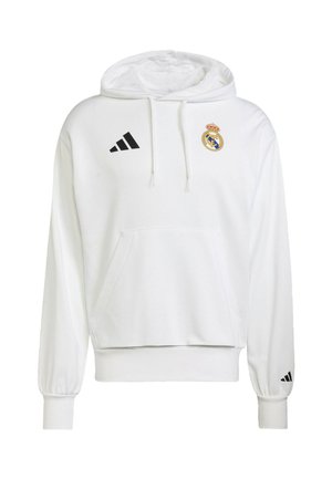 White hoodie featuring a front pocket, adjustable drawstring hood, and black Adidas branding on the chest and sleeve.