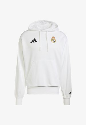 White hoodie featuring a front pocket, adjustable drawstring hood, and black Adidas branding on the chest and sleeve.