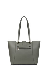 Borsa a rete verde oliva realizzata in materiale sintetico testurizzato, dotata di due manici lunghi, una tasca frontale con zip e minimi dettagli dorati.