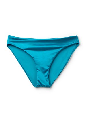 Turquoise bikini bottom made of smooth fabric, featuring a low-rise waist and classic cut with minimal stitching, ideal for swimwear.