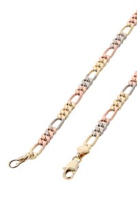 Smykkebånd med kædelforbindelser i sammenflettet rosaguld, guld og sølv. Inkluderer en lås for sikker fastgørelse.