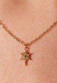 Gouden ketting met een stervormige hanger versierd met kleine edelstenen en verfijnde details, hangend tegen de huid.