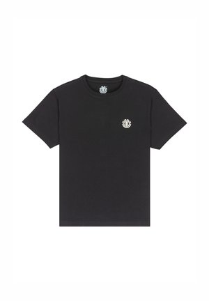 Black cotton t-shirt featuring short sleeves, a crew neck, and a small logo at the chest in white. Simple, uncluttered design.