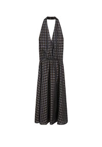 Halter neck dress made of fabric in dark tones featuring a plaid pattern with brown and blue lines, cinched waist, and flowing skirt.