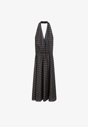 Halter neck dress made of fabric in dark tones featuring a plaid pattern with brown and blue lines, cinched waist, and flowing skirt.