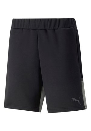 Shorts de sport noirs avec taille élastique, dotés de panneaux latéraux gris clair et d'un logo discret sur la jambe inférieure gauche.