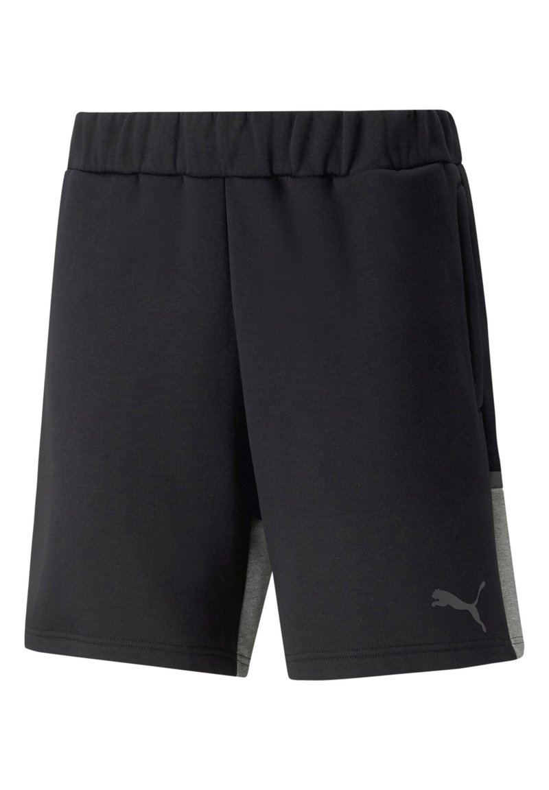 Zwarte sport short met een elastische tailleband, voorzien van lichtgrijze zijpanelen en een subtiele logo op het linkeronderbeen.