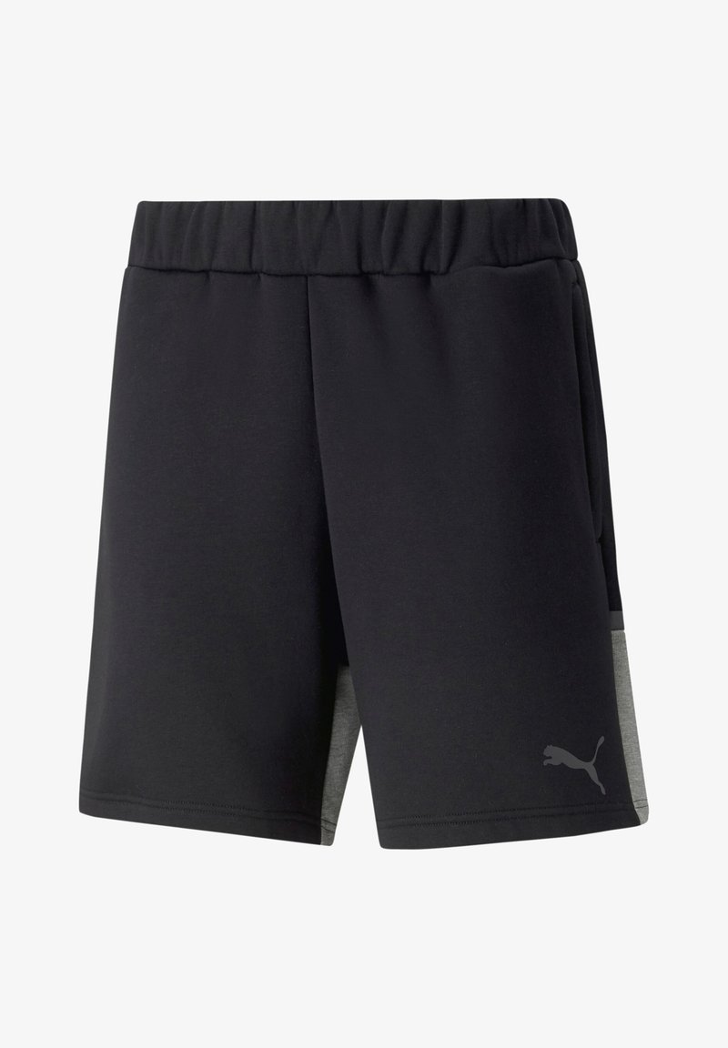 Zwarte sport short met een elastische tailleband, voorzien van lichtgrijze zijpanelen en een subtiele logo op het linkeronderbeen.