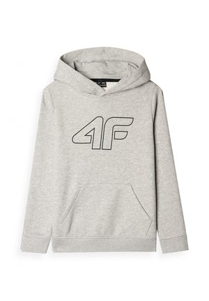 Jasnoszara bluza z kapturem z kieszenią z przodu i czarnym konturowym logo "4F" na środku klatki piersiowej.
