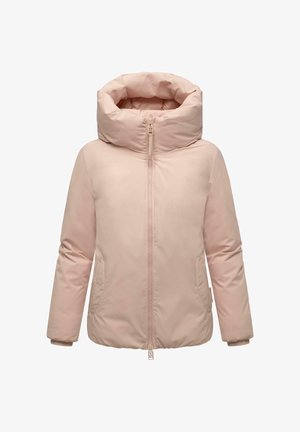 Veste rembourrée rose clair avec grande capuche, fermeture éclair à l'avant, poches latérales et poignets côtelés sur fond blanc.