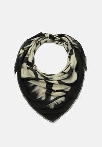 Mustikkamustalla ja beigesävyisellä kuviollisella huivilla on neliömuoto, jossa on fringed reunat. Materiaali on kevyttä ja siinä on abstrakti kuvio, joka koostuu päällekkäisistä muodoista.