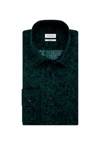 Camicia da uomo verde scuro con motivo floreale, colletto classico, vestibilità regolare, polsino con un solo bottone e etichetta in tessuto con il nome del marchio.