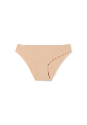 Beige seamless bikini-style women's underwear with a smooth texture, designed for comfort and minimal visibility under clothing.