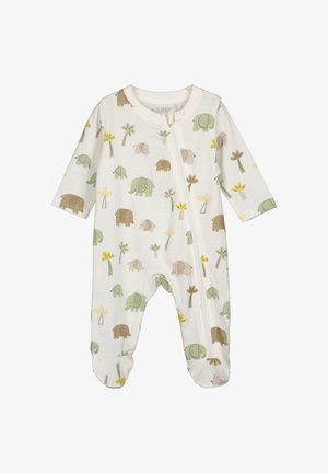 Body pour bébé à manches longues de couleur crème, orné d'un motif d'éléphants et de plantes en vert, marron et jaune, avec une fermeture éclair à l'avant.