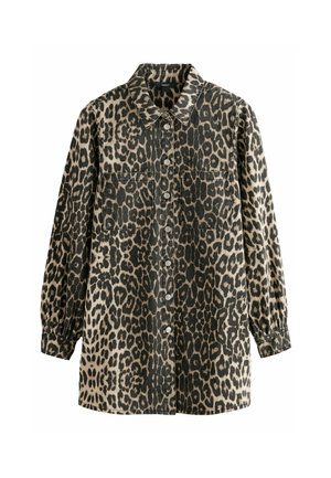 Leopardenmusterhemd in Beige und Schwarz, mit Knopfleiste, langen Ärmeln und zwei Fronttaschen. Hergestellt aus einem strukturierten Stoff.