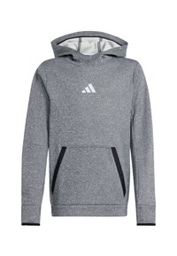 Šedá mikina s kapucí a strukturovaným povrchem, přední kapsou a černými akcenty. Obsahuje šňůrkovou kapuci a bílé logo Adidas na hrudi.