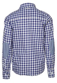 Niebiesko-biała koszula w kratę z zapinanymi na guziki rękawami, kołnierzykiem i naszywkami na łokciach wykonanymi z denimu. Materiał wygląda na lekki i teksturowany.