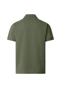 Polo verde oliva a maniche corte mostrata da dietro con colletto classico e design semplice e sobrio.