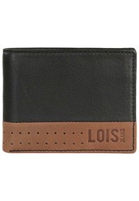 Cartera de cuero negro con una sección inferior de cuero marrón que cuenta con perforaciones, el logo "LOIS JEANS" en relieve y costuras en contraste a lo largo de los bordes.
