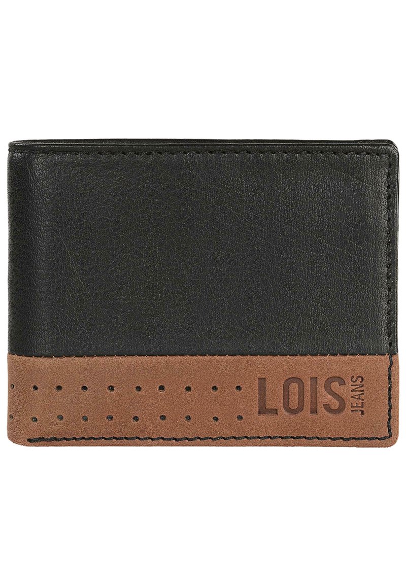 Cartera de cuero negro con una sección inferior de cuero marrón que cuenta con perforaciones, el logo "LOIS JEANS" en relieve y costuras en contraste a lo largo de los bordes.