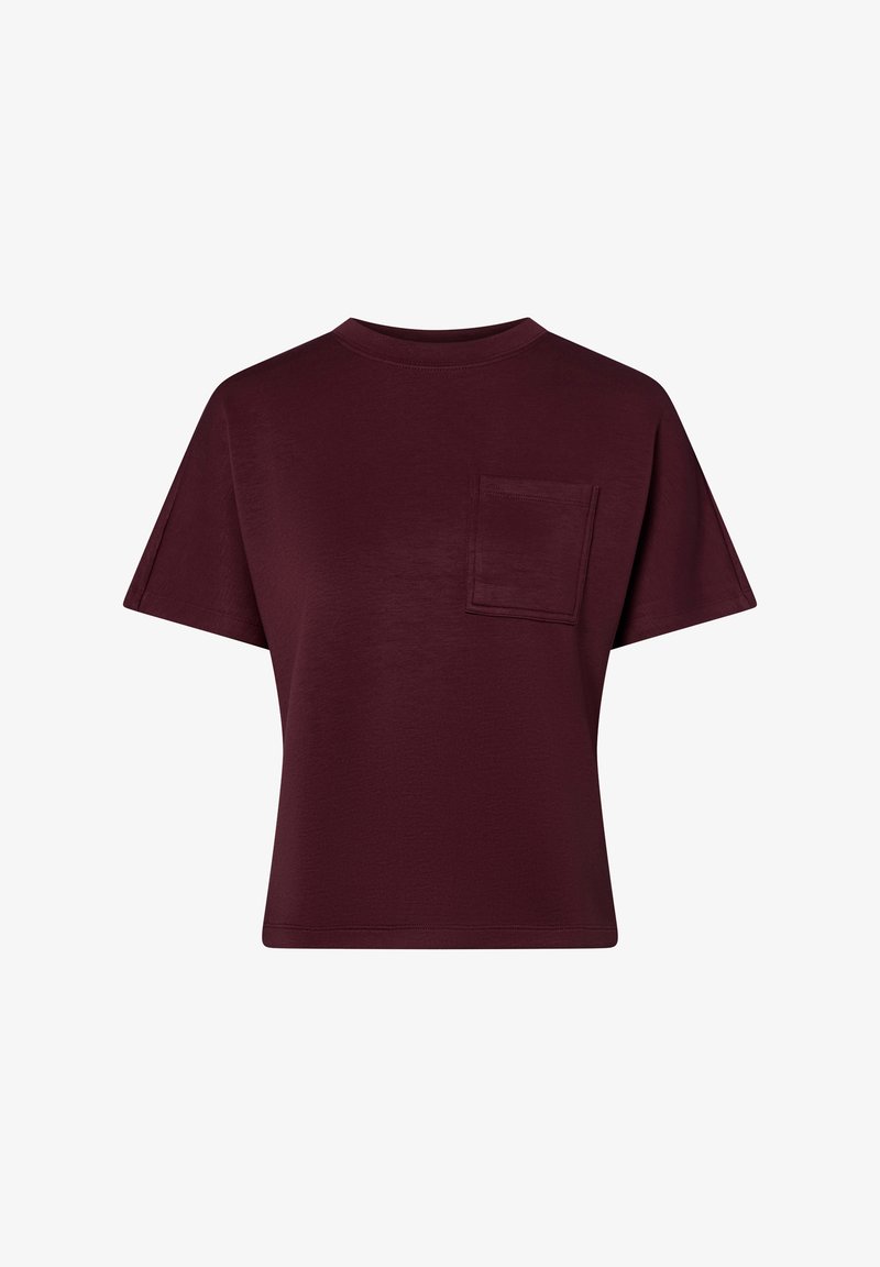Burgunderfarbenes T-Shirt mit kurzen Ärmeln aus weichem Stoff, das einen Rundhalsausschnitt und eine kleine Brusttasche hat. Lässiger Schnitt mit glatter Textur.