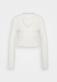Pull blanc à manches longues avec un tissu doux et texturé. Présente un design enveloppant et une découpe en forme de cœur dans le dos.