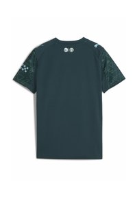 Sötétzöld, rövid ujjú póló. Az ujjakon geometrikus zöld minták találhatók. A hátsó részen két gomb van a gallér közelében. Sima tapintású.