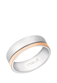 Anello in argento e rosa oro con finitura spazzolata, caratterizzato da un bordo liscio e una sottile linea nera come accento. L'interno è in argento lucido.