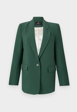 Žalias pritaikytas švarkas su įpjautomis apykaklėmis, vienu mygtuku užsegamas, dviem priekinėmis kišenėmis ir satino pamušalu. Lygus audinio paviršius.