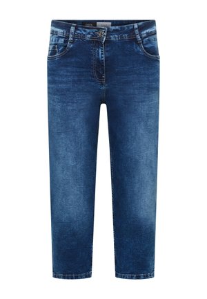 Blauwe denim jeans met een mid-rise taille, knoopsluiting aan de voorkant, ritsluiting en een licht vervaagde wassing op de dijen en knieën.