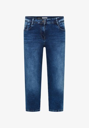 Vaqueros azules de denim con cintura de tiro medio, botón frontal, cierre de cremallera y un lavado ligeramente desteñido en los muslos y las rodillas.