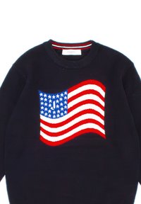 Navy sweater featuring a prominent red, white, and blue knitted American flag graphic across the chest. Ribbed crew neckline.