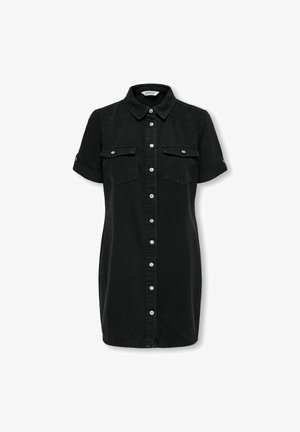 Rochie din denim negru cu mâneci scurte, închidere cu nasturi pe față, două buzunare pe piept și guler. Prezintă o croială dreaptă și o textură netedă.