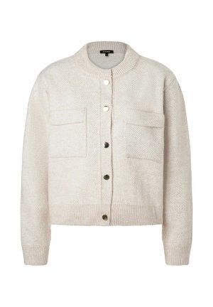 Cardigan beige chiaro con bottoni, due tasche sul petto, orlo e polsini a coste e tessuto a maglia strutturato. Presenta bottoni in tonalità oro.