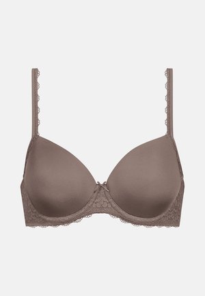 Formbügel-BH in mattem Taupe, mit Spitzenbesatz entlang der Kanten und verstellbaren Trägern mit gewelltem Detail.