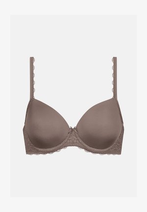Molded underwire bra in a matte taupe color, featuring lace trim along the edges and adjustable straps with scalloped detailing.