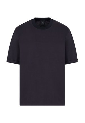 T-shirt azzurro scuro a maniche corte con colletto girocollo, realizzato in cotone, con risvolti alle maniche e un'etichetta logo discreta sulla manica.