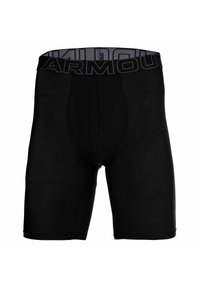 Pantaloni corti sportivi neri in tessuto elasticizzato, dotati di una cintura larga con la scritta "ARMOUR" in lettere grigie e un design aderente.