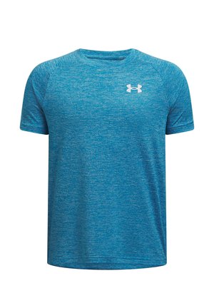 Korte mouwen sportshirt in gemêleerd blauwe stof met een ronde hals. Bevat een wit logo op de borst en heeft een soepele, lichte textuur.