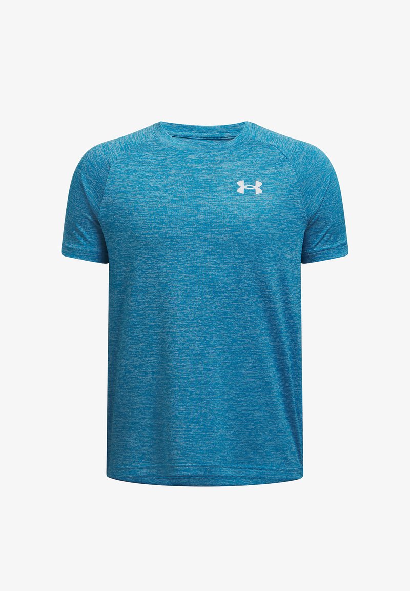 Camiseta deportiva de manga corta en tejido azul jaspeado con cuello redondo. Presenta un logo blanco en el pecho y una textura suave y ligera.