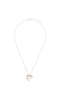 Silver kedja med ett dubbelhärtpedant, där det yttre hjärtat är silverfärgat och det inre hjärtat är rosaguldfärgat med diamanter som accent.