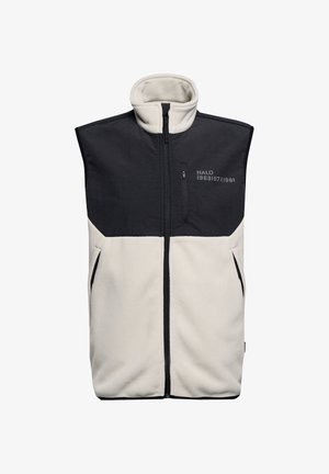 Kamizelka polarowa z wysokim kołnierzem; ma czarną górę i kremowy dół, z zamkiem błyskawicznym z przodu, kieszeniami bocznymi i haftowanym logo.