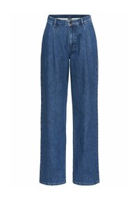 Blauwe denim broek met een hoge taille, wijduitlopende pijpen en plooien aan de voorkant. Voorzien van een knoopsluiting en standaard achterzakken.