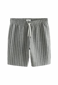 Gestreepte Shorts in Grau und Weiß, aus leichtem Material, mit elastischem Bund und Kordelzug sowie seitlichen Taschen.