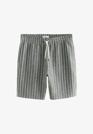 Pantaloni corti a righe grigi e bianchi, realizzati in materiale leggero, con una vita elastica e un cordoncino, oltre a tasche laterali.